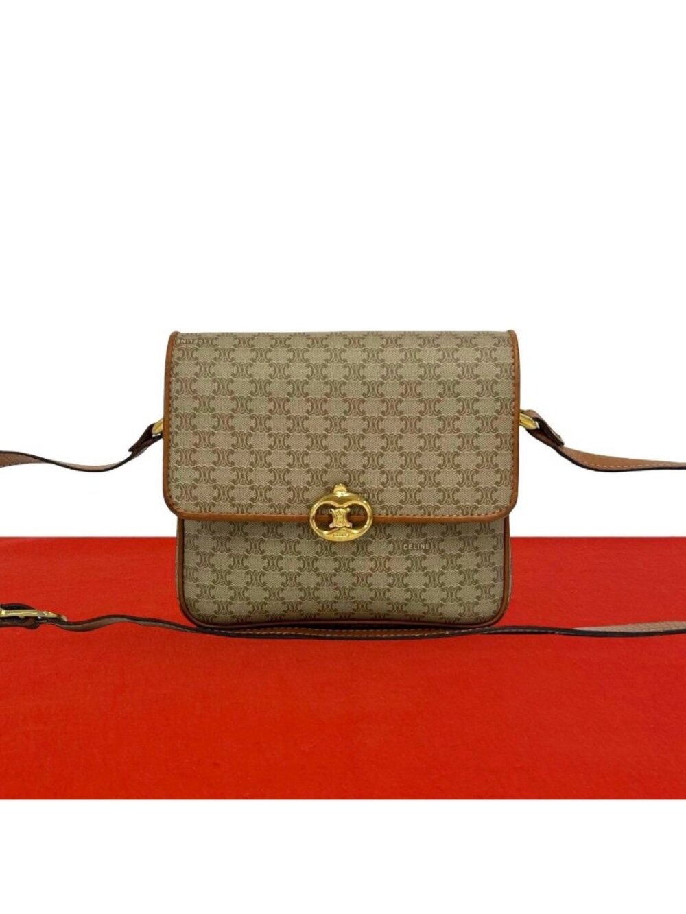 Celine Vintage Triomphe Pattern Logo Leather Shoulder Bag Pochette Beige Brown